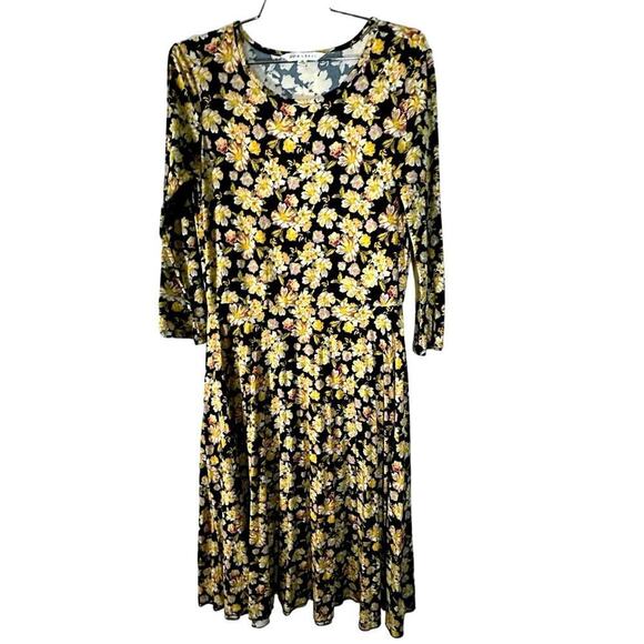 Downeast Women Yellow Floral 3/4 Sleeve Stretchy Fit Flare Swing Midi Dress Sz M - Picture 2 of 5